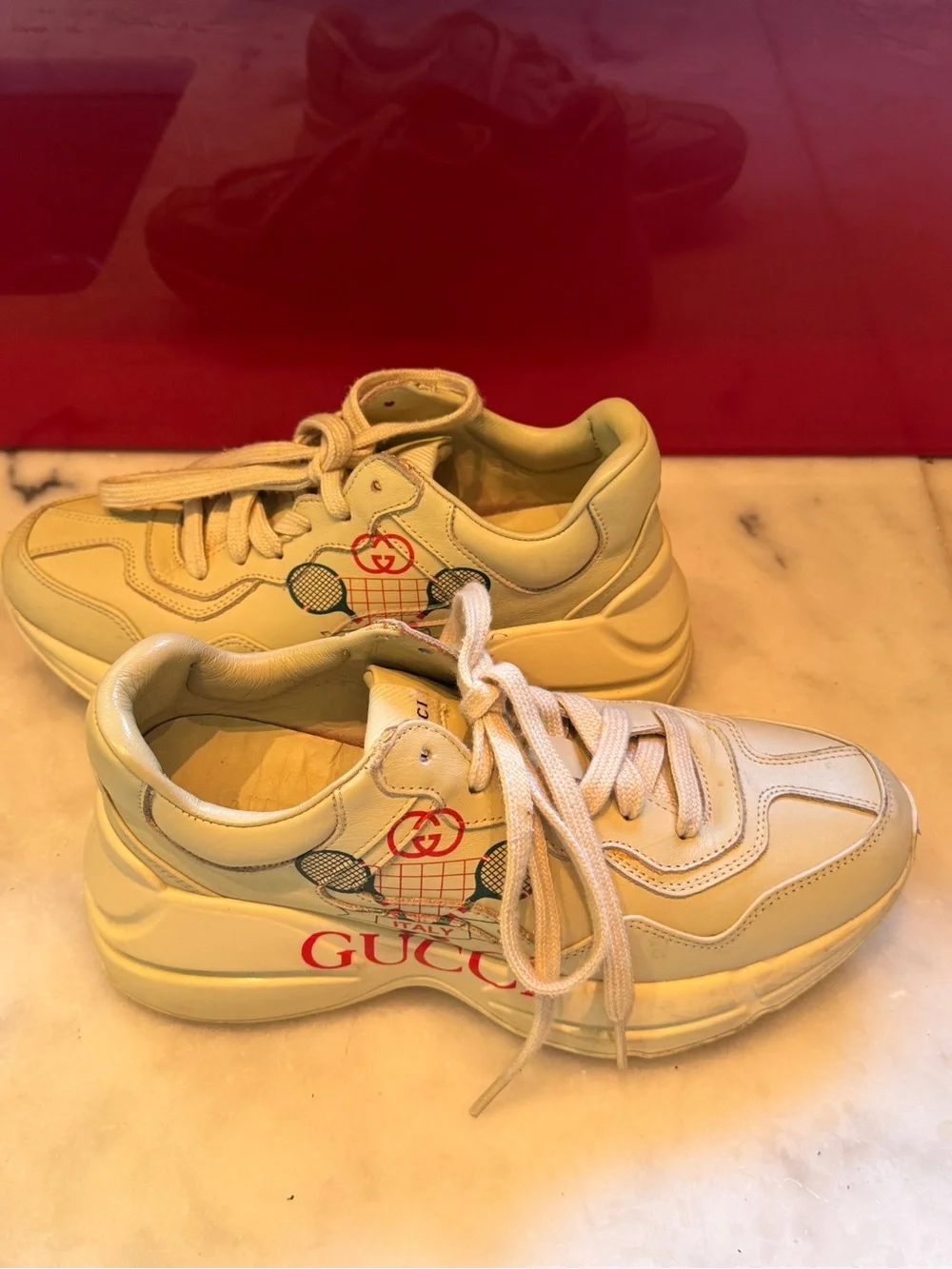 Vintage Sample Gucci Rhyton Cream Leather Tennis Shoes with Crossed Racket Logo